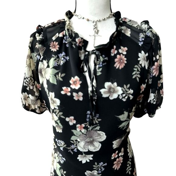 Pleione Tops - Pleione Black Floral Blouse Ruffle Neck Tie Front Sheer Sleeve Boho Size L